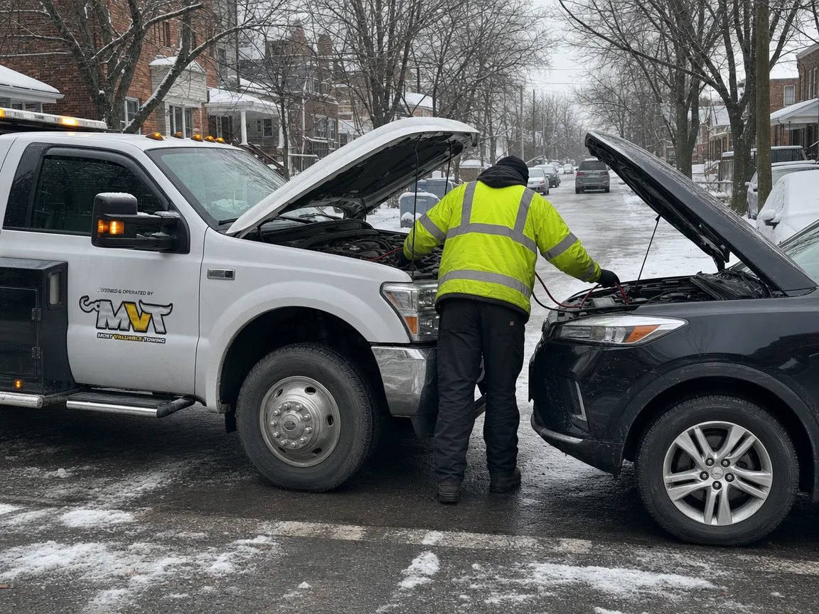 MVT tow truck operator connecting jumper cables between two vehicles nose-to-nose on an Ottawa residential street in winter