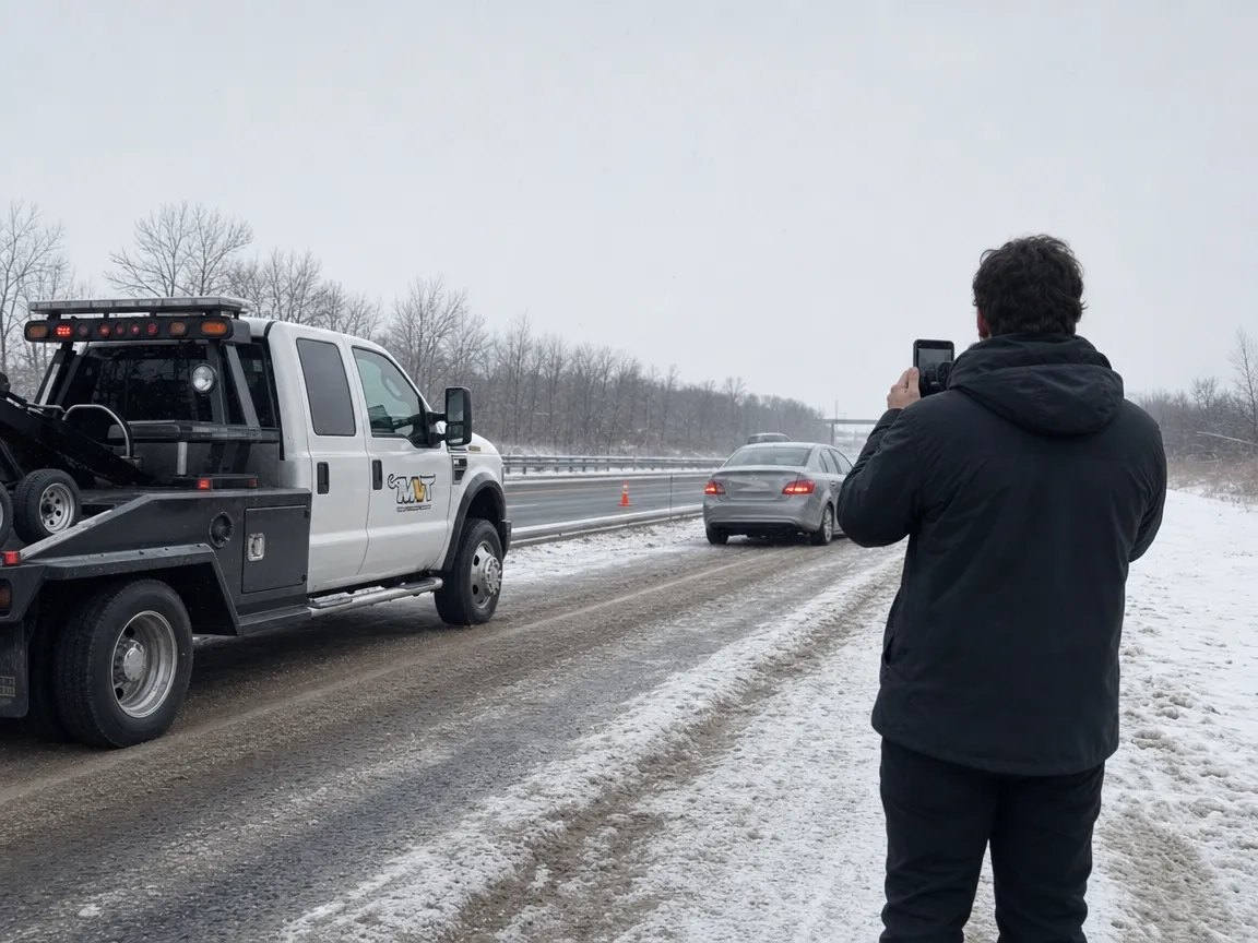 Driver photographing vehicle damage on the shoulder of an Ottawa highway after a collision